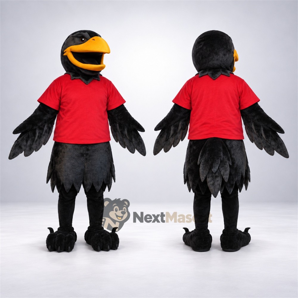 Raven Mascot Costume - Black, Red Shirt Raven Mascot Costume - Black, Red Shirt