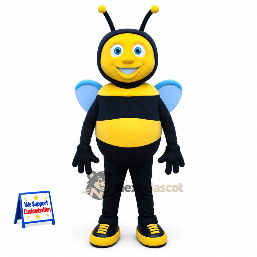 Bee Mascot Costume - Yellow, Blue Wings and Blue Antennae Bee Mascot Costume - Yellow, Blue Wings and Blue Antennae