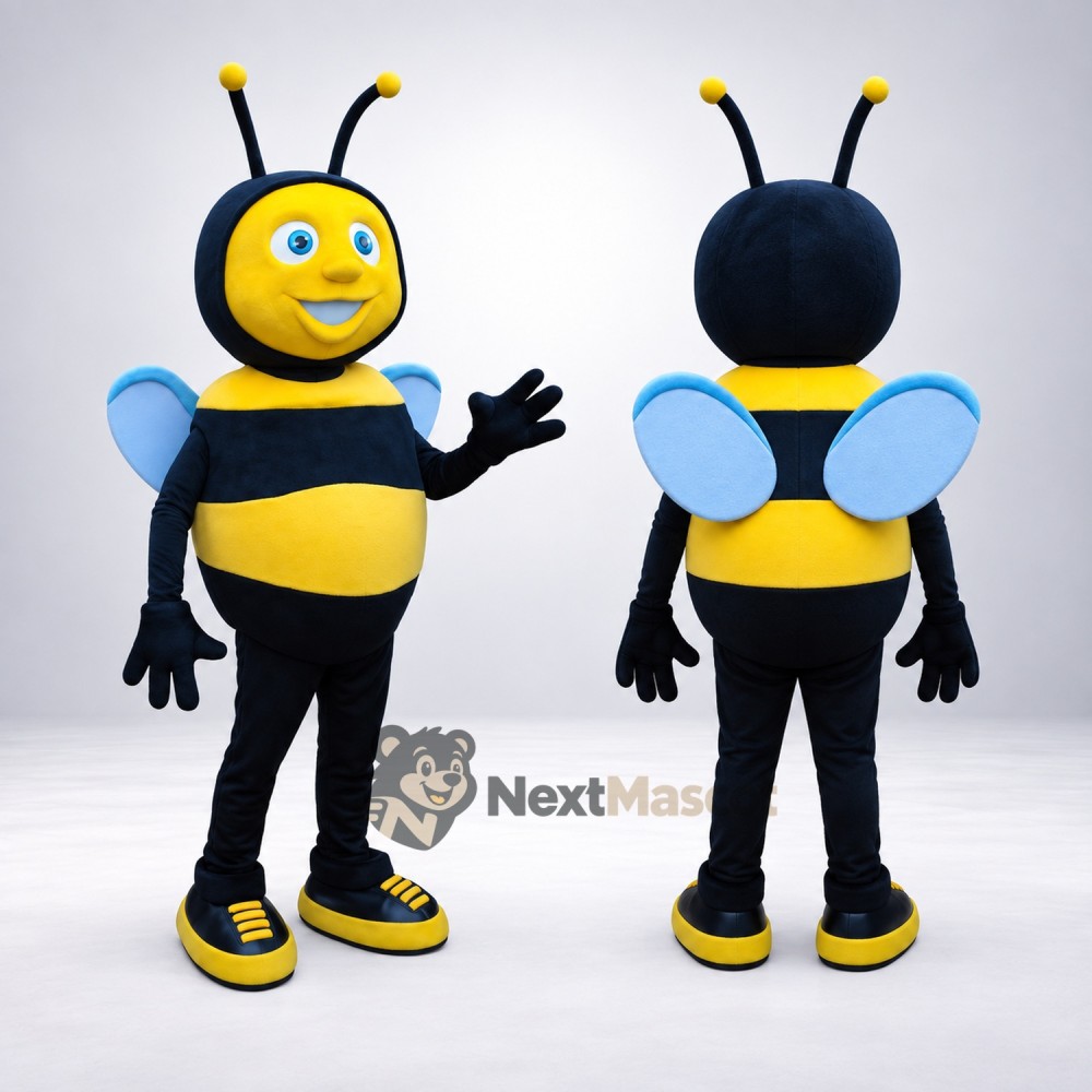 Bee Mascot Costume - Yellow, Blue Wings and Blue Antennae Bee Mascot Costume - Yellow, Blue Wings and Blue Antennae