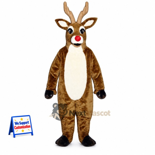 Reindeer Mascot Costume - Brown, Red Nose