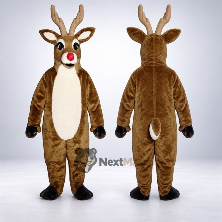 Reindeer Mascot Costume - Brown, Red Nose