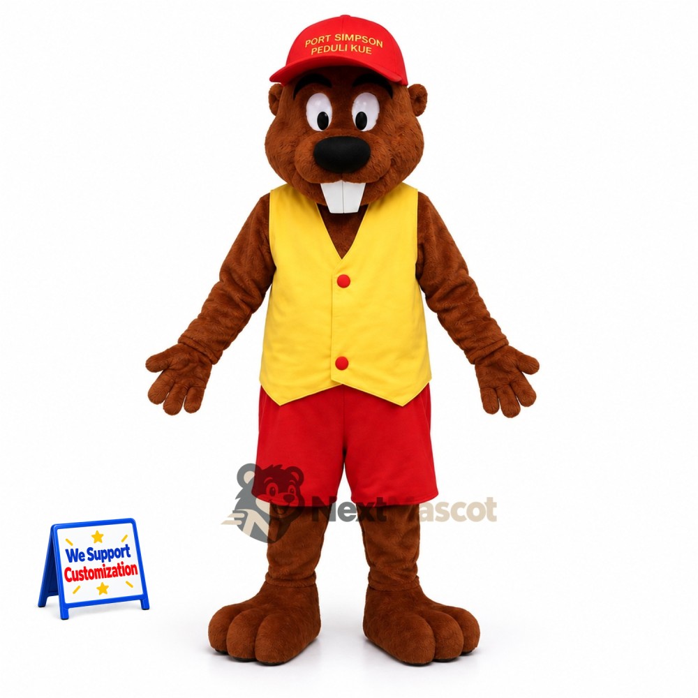 Beaver Mascot Costume - Yellow Vest and Red Cap Beaver Mascot Costume - Yellow Vest and Red Cap
