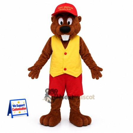 Beaver Mascot Costume - Yellow Vest and Red Cap Beaver Mascot Costume - Yellow Vest and Red Cap