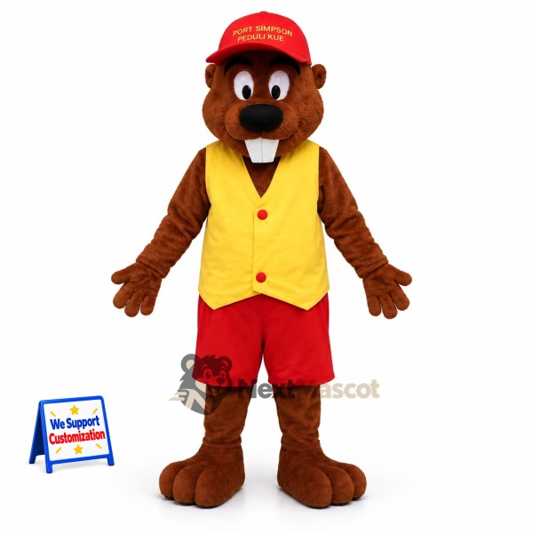 Beaver Mascot Costume - Yellow Vest and Red Cap