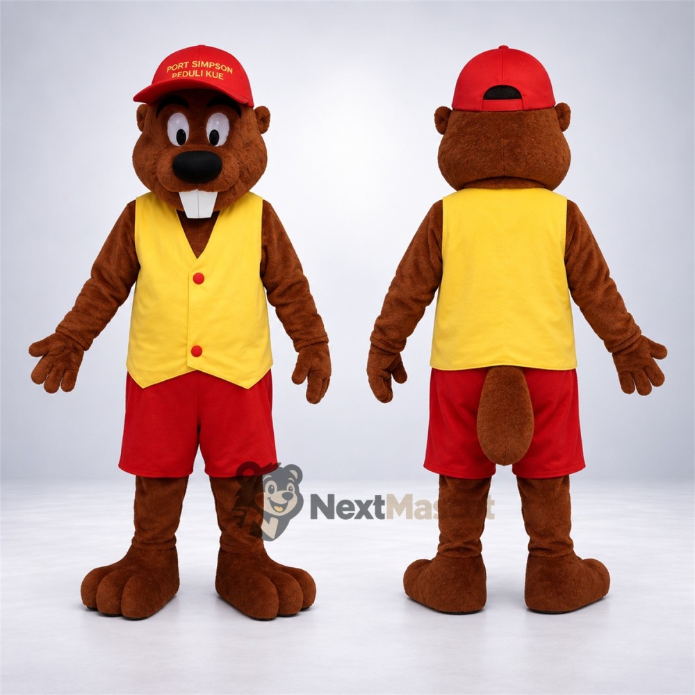 Beaver Mascot Costume - Yellow Vest and Red Cap Beaver Mascot Costume - Yellow Vest and Red Cap