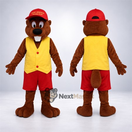 Beaver Mascot Costume - Yellow Vest and Red Cap Beaver Mascot Costume - Yellow Vest and Red Cap