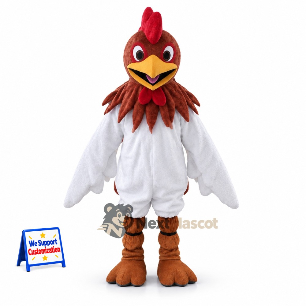 Rooster Mascot Costume - White, Brown Neck for School Events Rooster Mascot Costume - White, Brown Neck for School Events