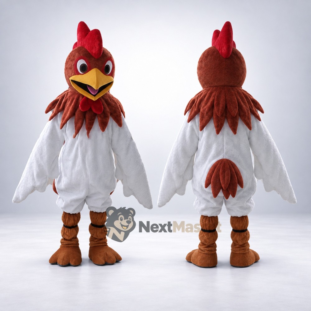 Rooster Mascot Costume - White, Brown Neck for School Events Rooster Mascot Costume - White, Brown Neck for School Events