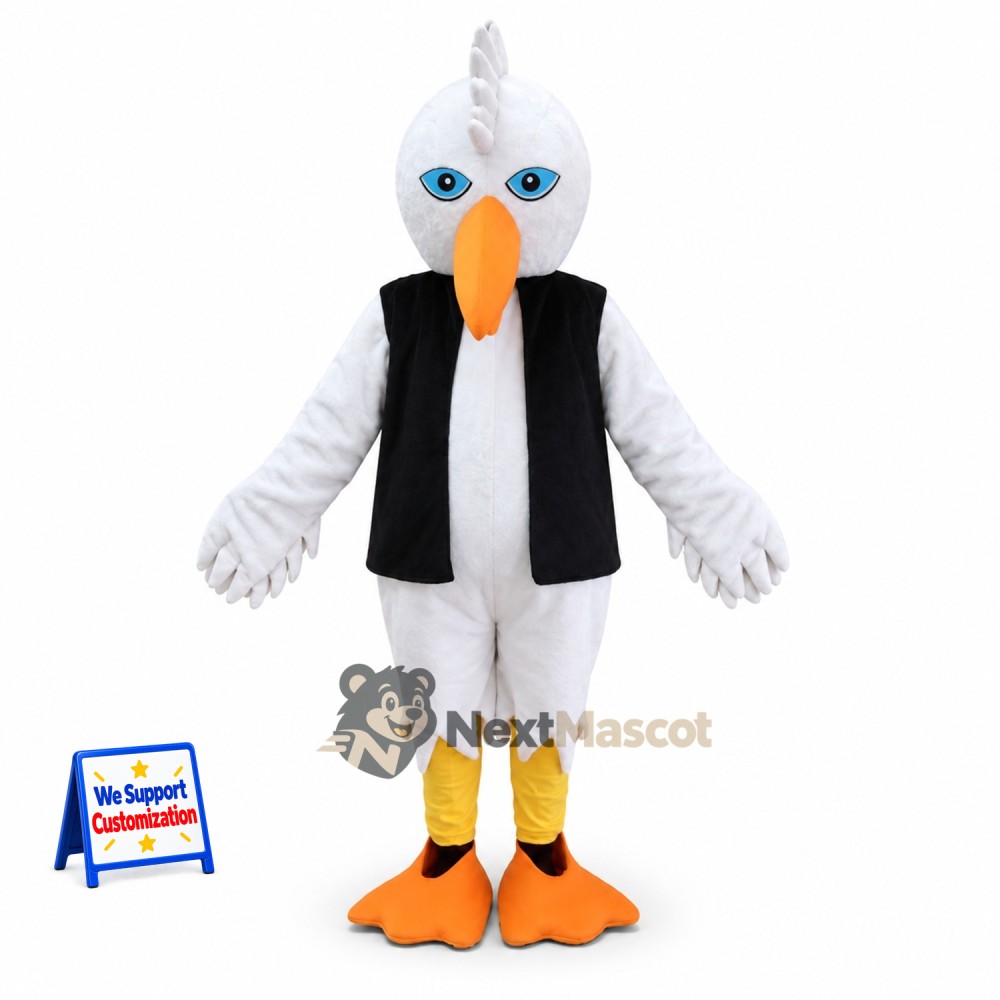Stork Mascot Costume - White, Black Vest Stork Mascot Costume - White, Black Vest