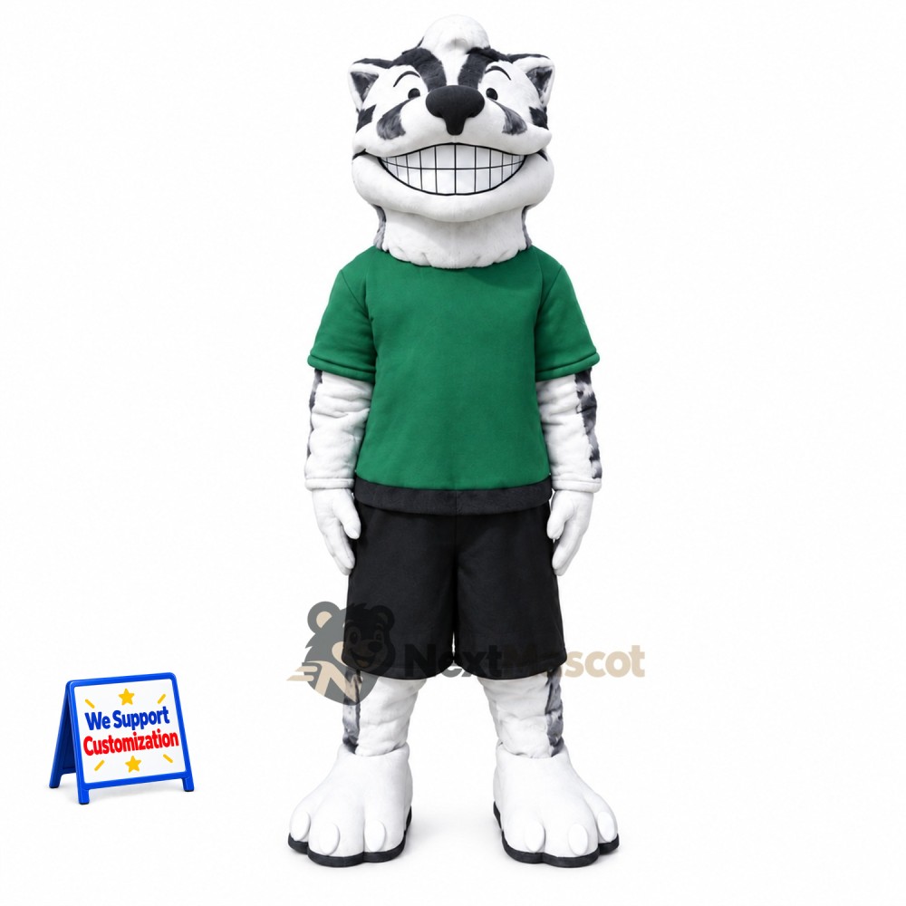 Badger Mascot Costume - White, Green Shirt Badger Mascot Costume - White, Green Shirt