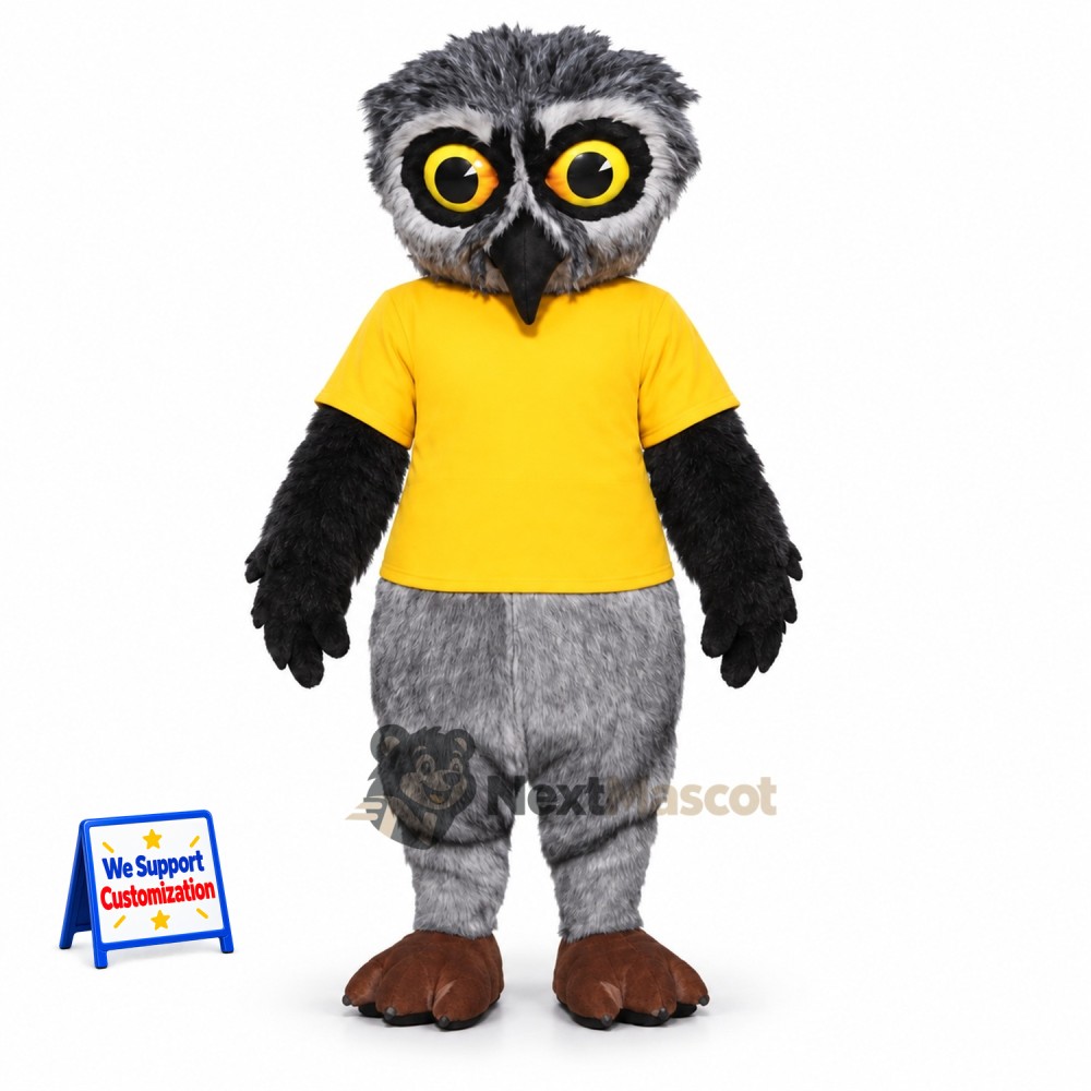 Owl Mascot Costume - Gray, Yellow Shirt Owl Mascot Costume - Gray, Yellow Shirt