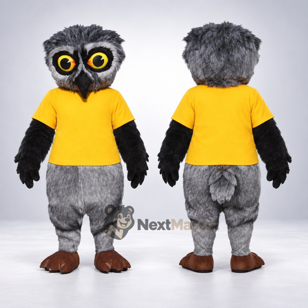 Owl Mascot Costume - Gray, Yellow Shirt Owl Mascot Costume - Gray, Yellow Shirt