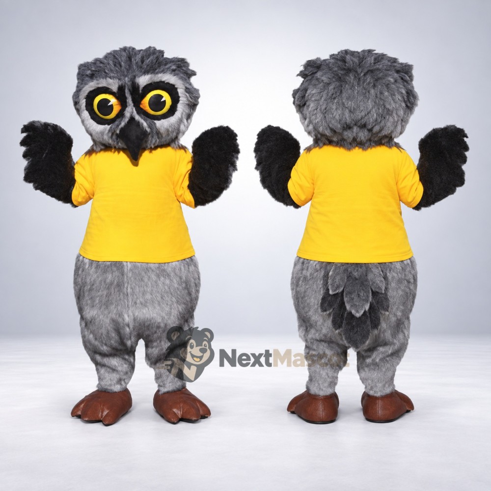 Owl Mascot Costume - Gray, Yellow Shirt for Parades Owl Mascot Costume - Gray, Yellow Shirt for Parades
