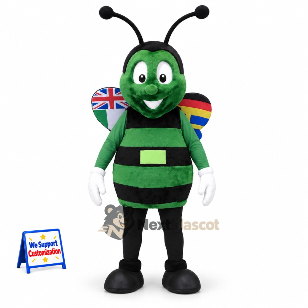 Bee Mascot Costume - Green, Flag-Patterned Wings