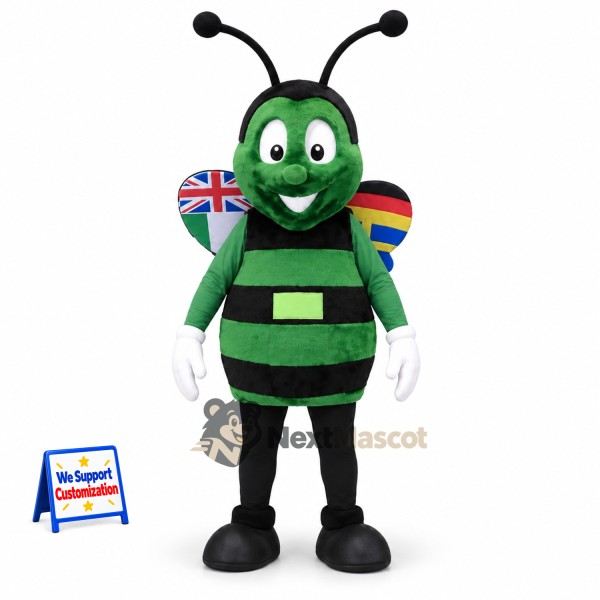 Bee Mascot Costume - Green, Flag-Patterned Wings