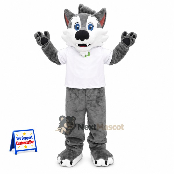 Wolf Mascot Costume - Gray, White Shirt for Community Events
