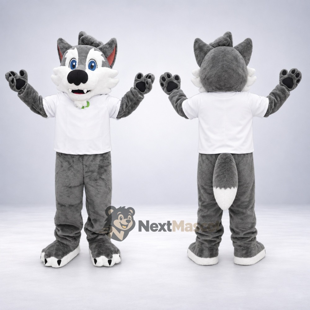 Wolf Mascot Costume - Gray, White Shirt for Community Events Wolf Mascot Costume - Gray, White Shirt for Community Events