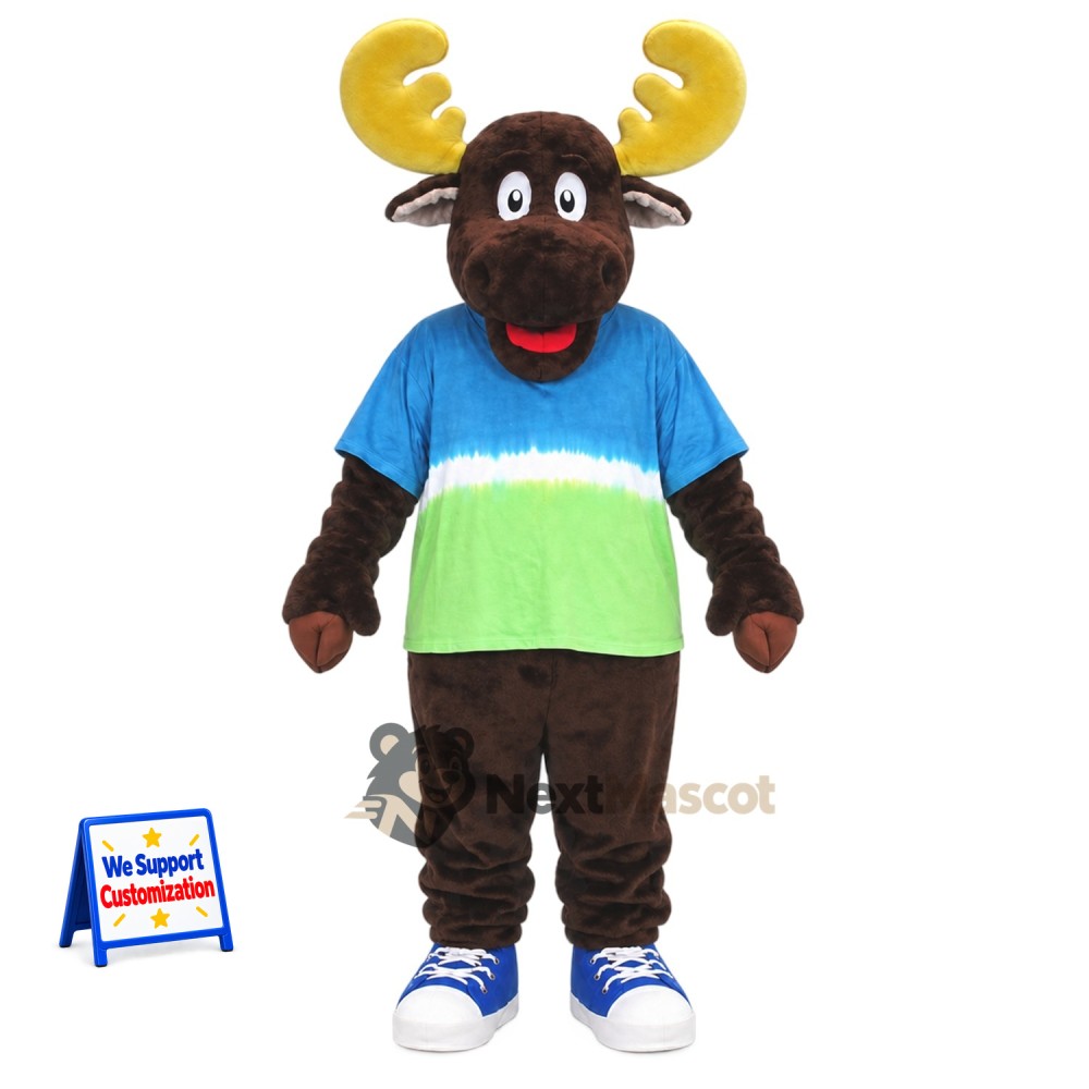 Moose Mascot Costume - Blue and Green Shirt Moose Mascot Costume - Blue and Green Shirt