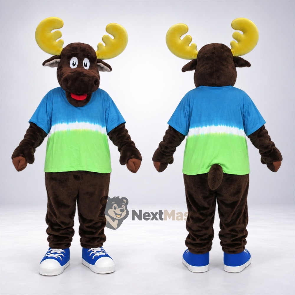 Moose Mascot Costume - Blue and Green Shirt Moose Mascot Costume - Blue and Green Shirt