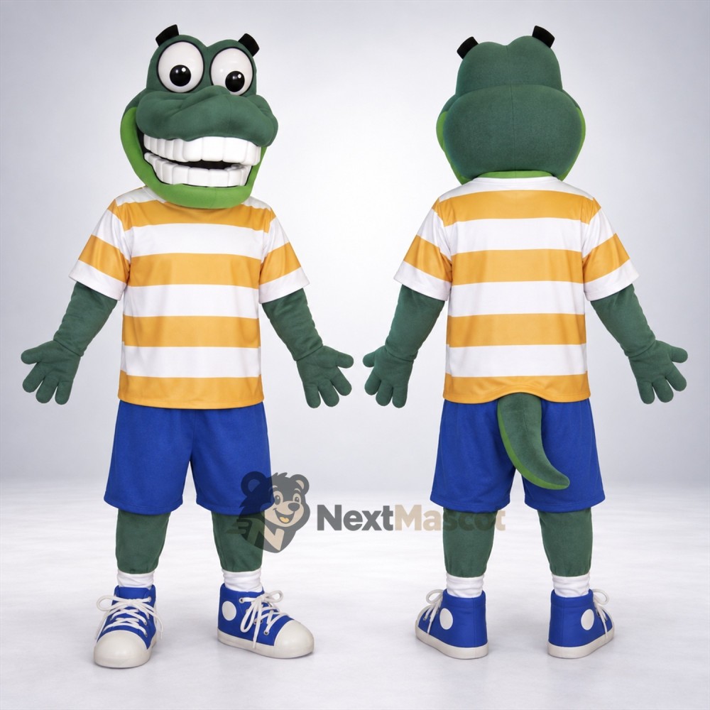 Crocodile Mascot Costume - Striped Shirt for Parades Crocodile Mascot Costume - Striped Shirt for Parades