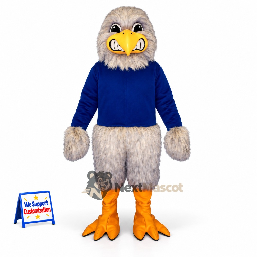 Bird Mascot Costume - Gray, Blue Shirt for Parades Bird Mascot Costume - Gray, Blue Shirt for Parades