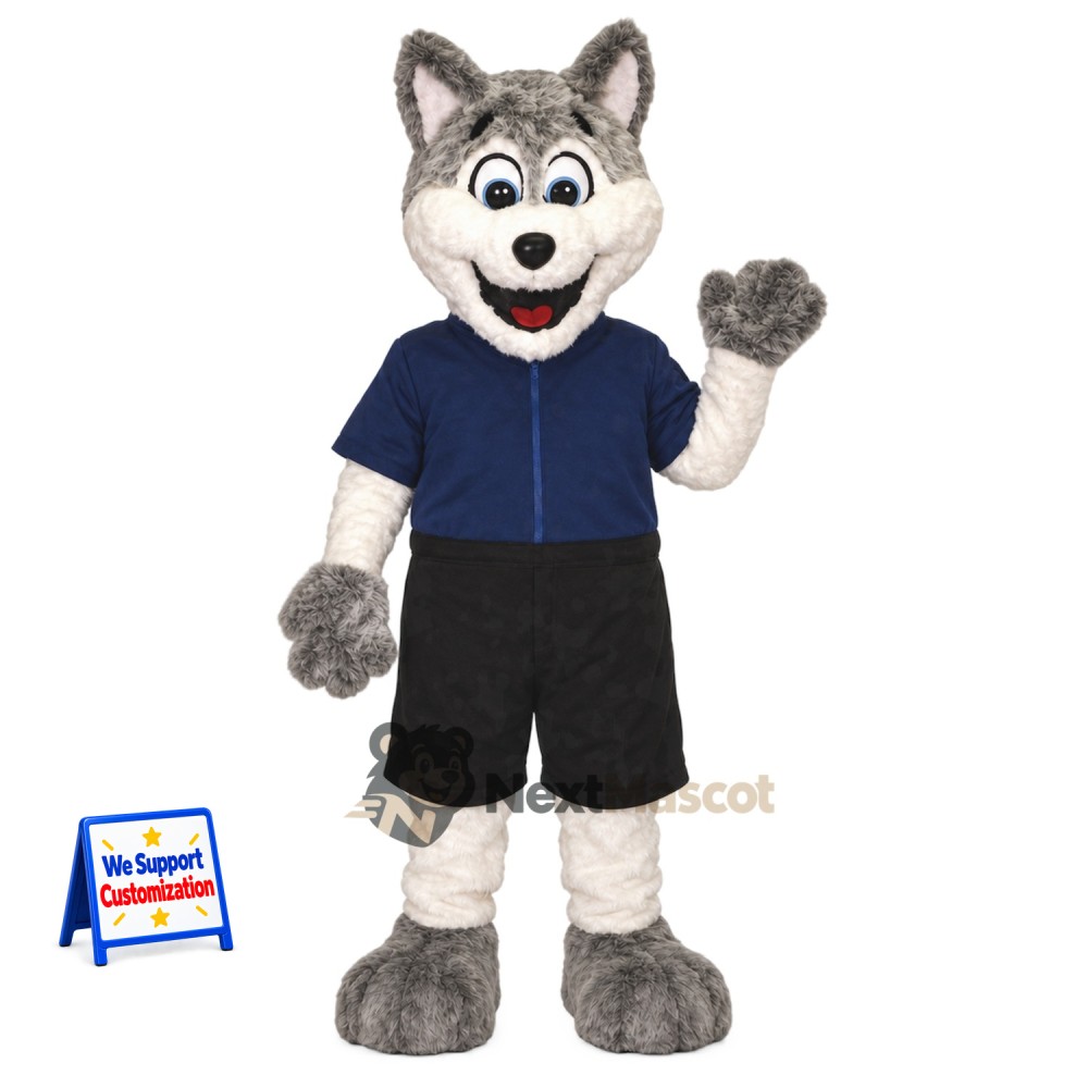 Wolf Mascot Costume - Gray, Navy Shirt Wolf Mascot Costume - Gray, Navy Shirt