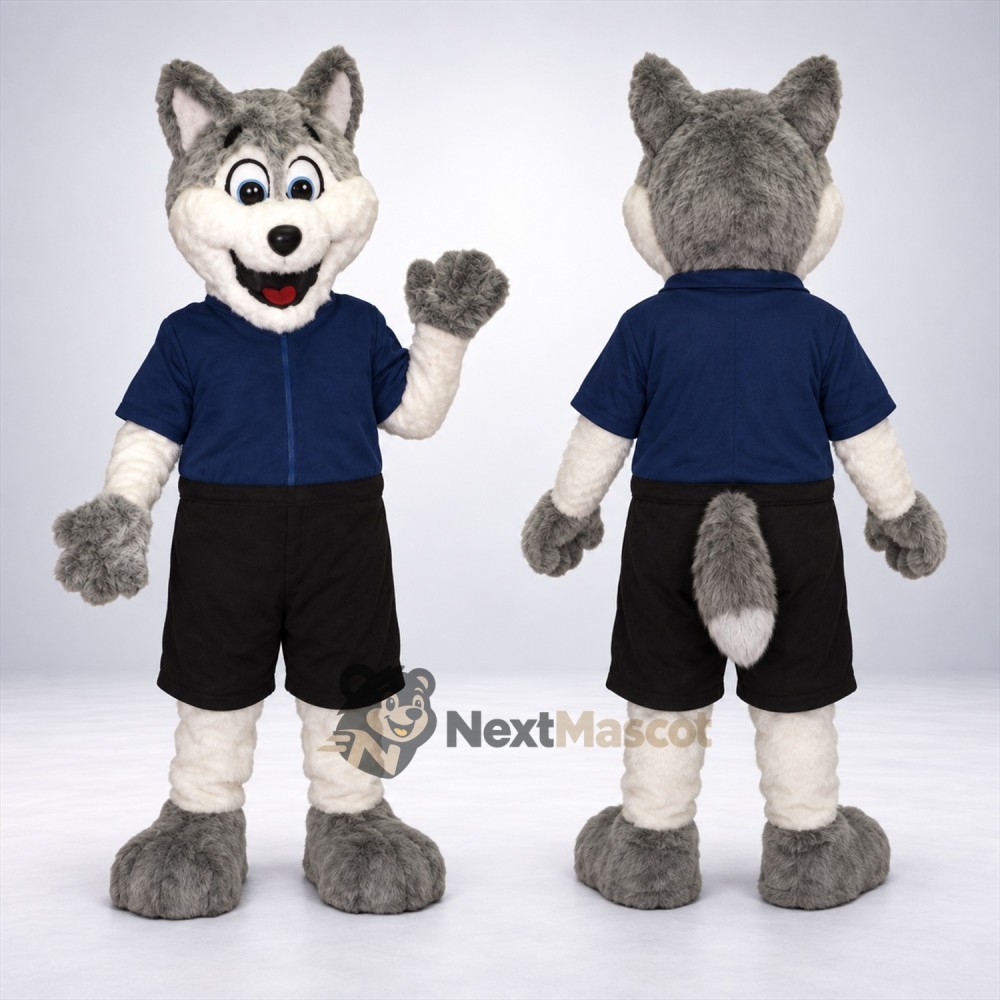 Wolf Mascot Costume - Gray, Navy Shirt Wolf Mascot Costume - Gray, Navy Shirt