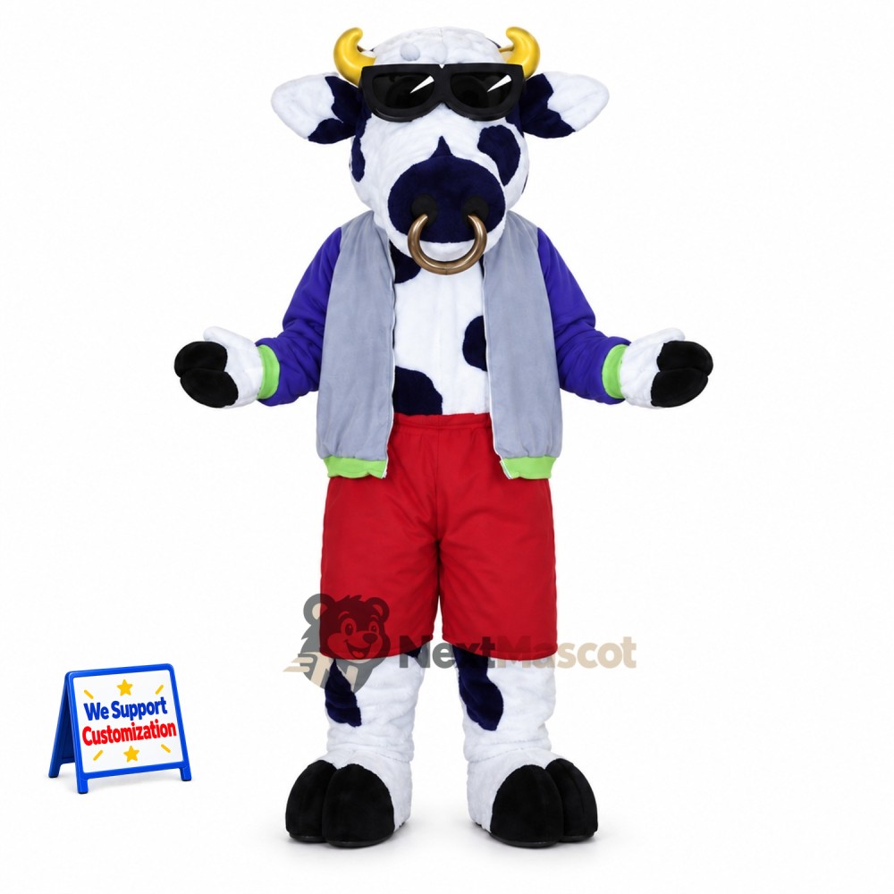 Cow Mascot Costume - Red Shorts and Purple Vest Cow Mascot Costume - Red Shorts and Purple Vest