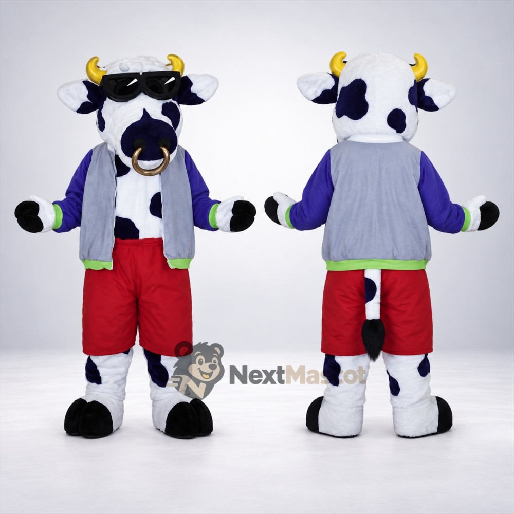 Cow Mascot Costume - Red Shorts and Purple Vest Cow Mascot Costume - Red Shorts and Purple Vest