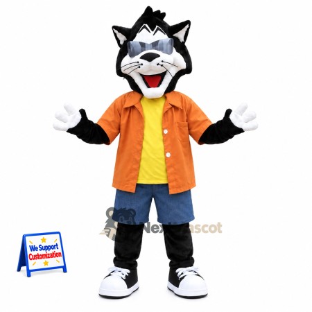 Wolf Mascot Costume - Black and White, Orange Shirt Wolf Mascot Costume - Black and White, Orange Shirt