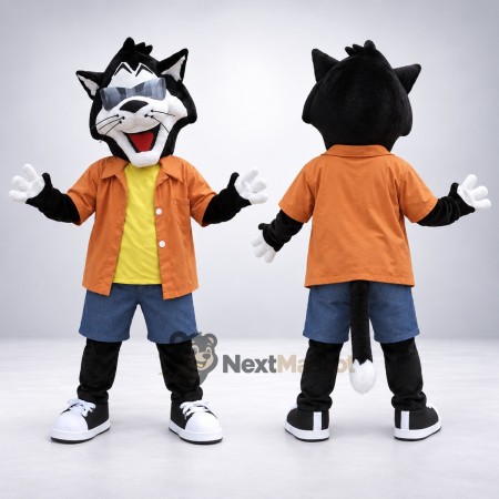 Wolf Mascot Costume - Black and White, Orange Shirt Wolf Mascot Costume - Black and White, Orange Shirt