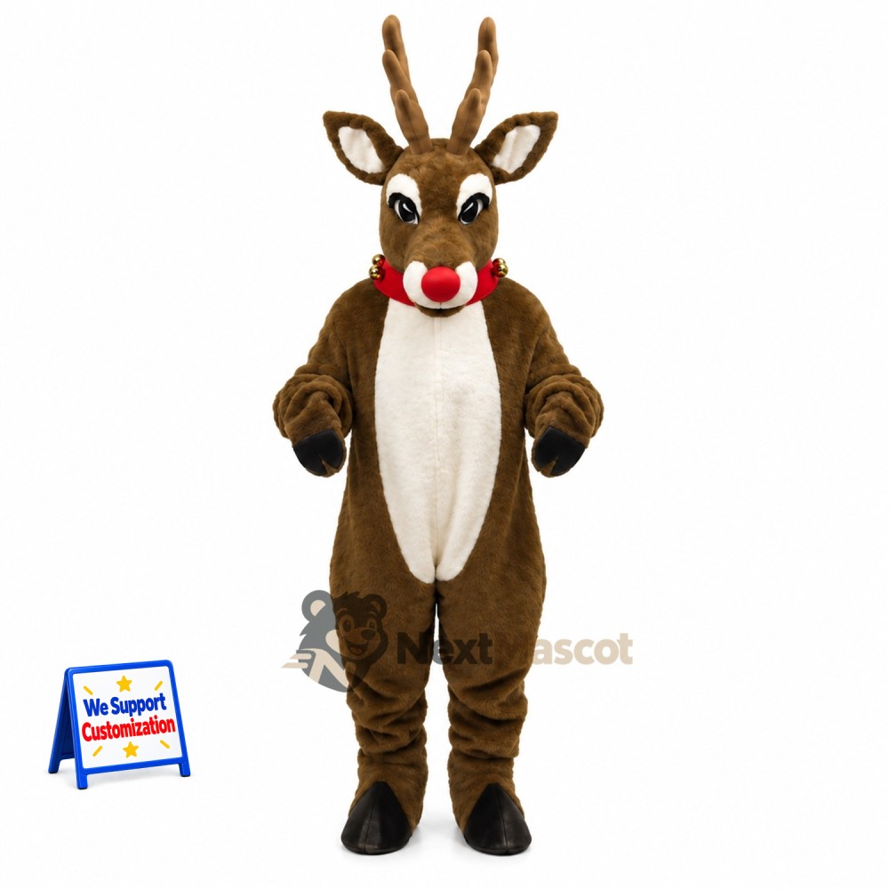 Deer Mascot Costume - Brown, Red Collar for Parades Deer Mascot Costume - Brown, Red Collar for Parades