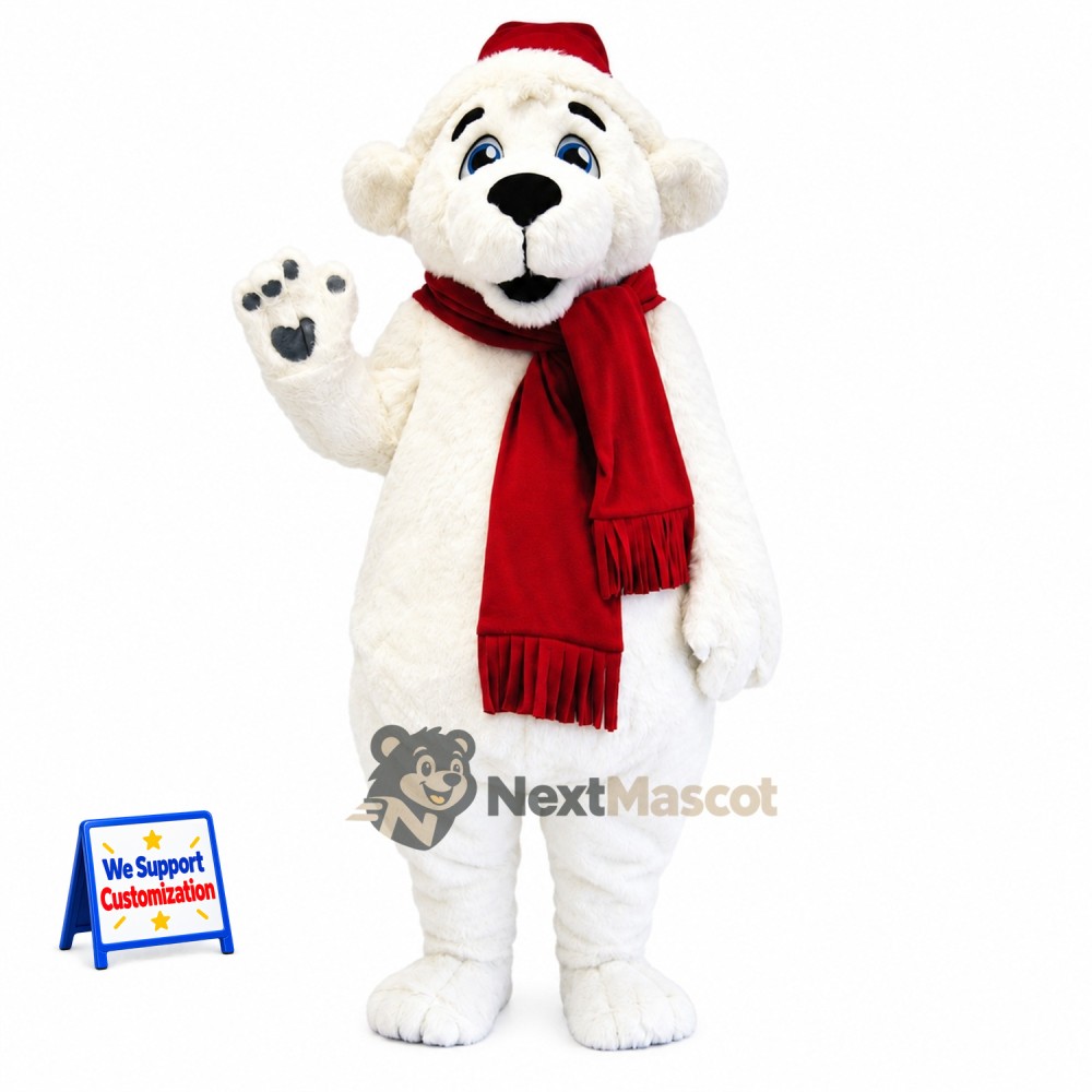 Polar Bear Mascot Costume - Red Scarf for Community Events Polar Bear Mascot Costume - Red Scarf for Community Events
