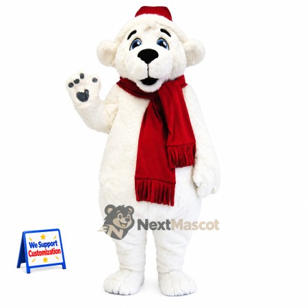Polar Bear Mascot Costume - Red Scarf for Community Events Polar Bear Mascot Costume - Red Scarf for Community Events