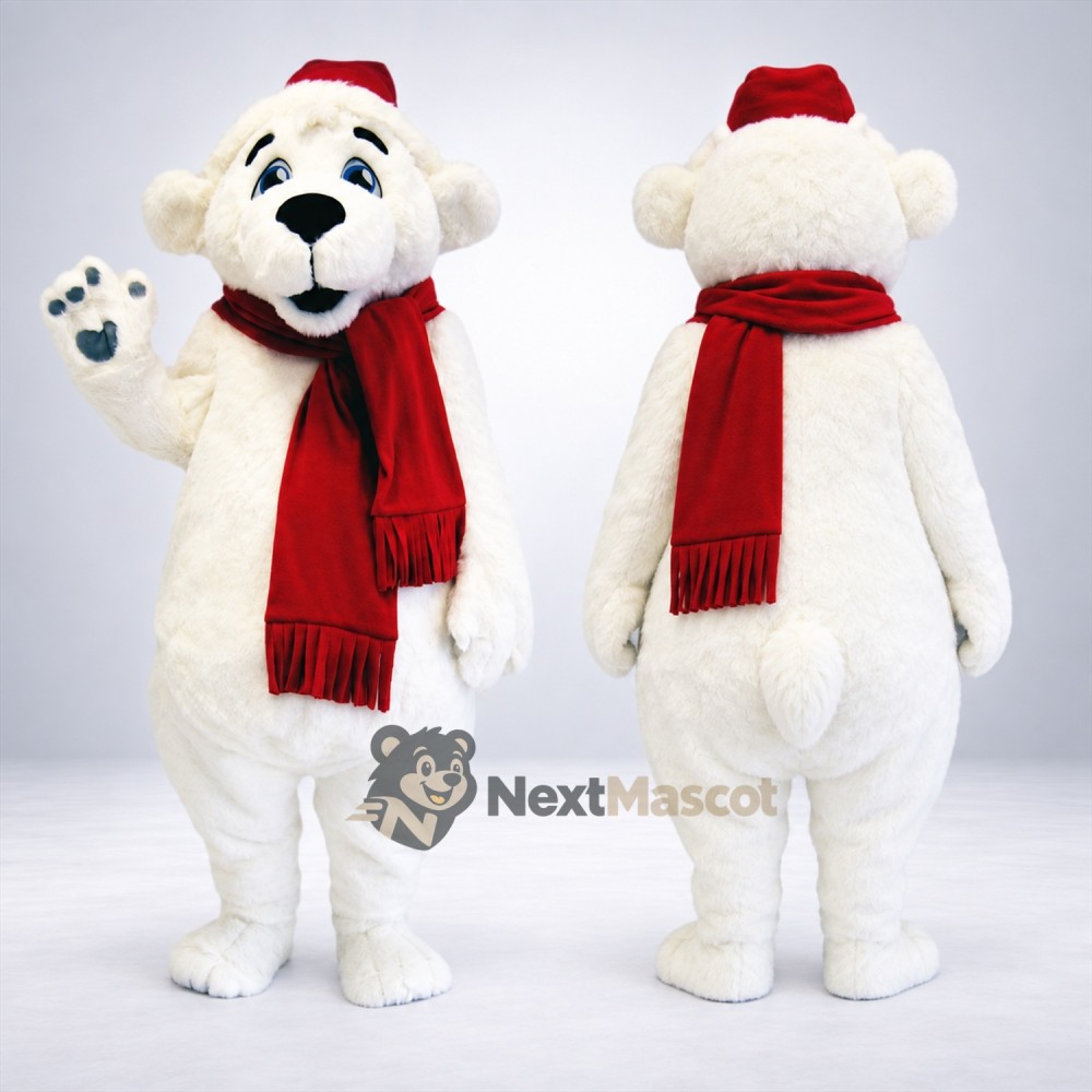 Polar Bear Mascot Costume - Red Scarf for Community Events Polar Bear Mascot Costume - Red Scarf for Community Events