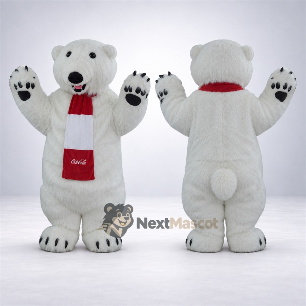 Polar Bear Mascot Costume - Red Scarf for Parades Polar Bear Mascot Costume - Red Scarf for Parades