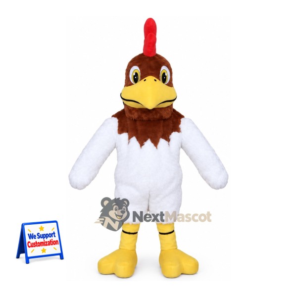 Rooster Mascot Costume - White, Brown Neck for Parades