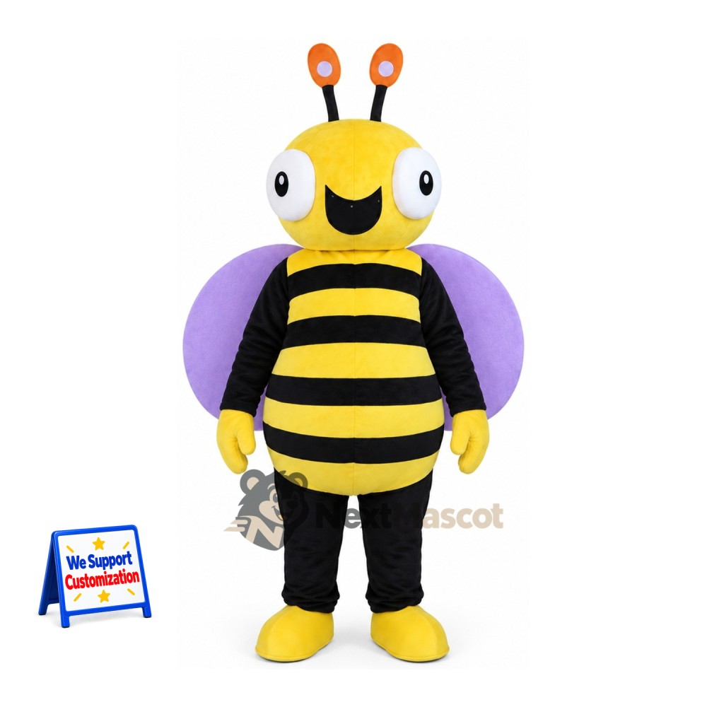 Bee Mascot Costume - Yellow, Purple Wings and Orange Antennae Bee Mascot Costume - Yellow, Purple Wings and Orange Antennae