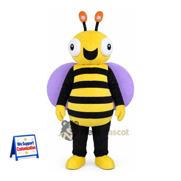 Bee Mascot Costume - Yellow, Purple Wings and Orange Antennae