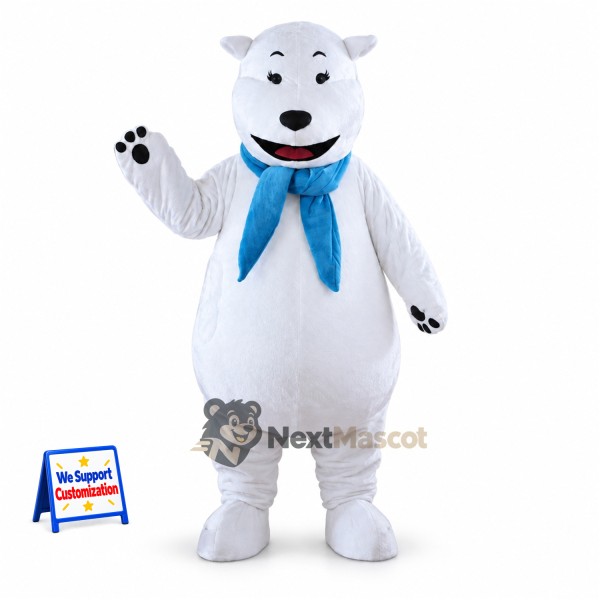 Bear Mascot Costume - White, Blue Scarf for School Events