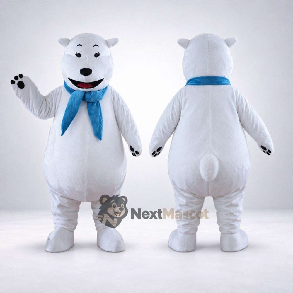 Bear Mascot Costume - White, Blue Scarf for School Events Bear Mascot Costume - White, Blue Scarf for School Events
