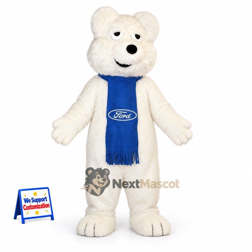 Bear Mascot Costume - White, Blue Scarf for Community Events Bear Mascot Costume - White, Blue Scarf for Community Events