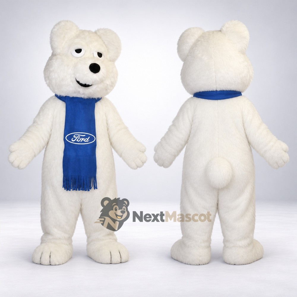 Bear Mascot Costume - White, Blue Scarf for Community Events Bear Mascot Costume - White, Blue Scarf for Community Events