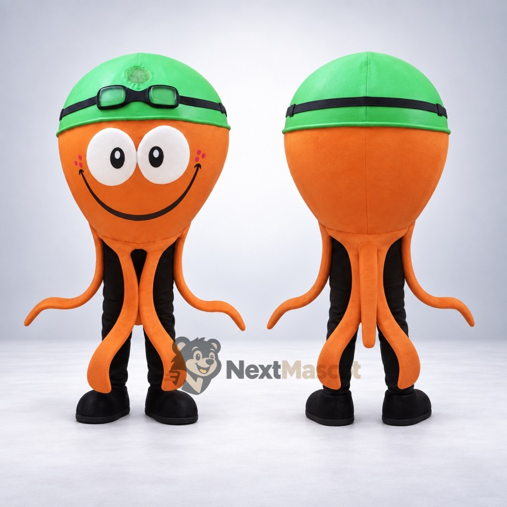 Octopus Mascot Costume - Orange, Green Swim Cap Octopus Mascot Costume - Orange, Green Swim Cap