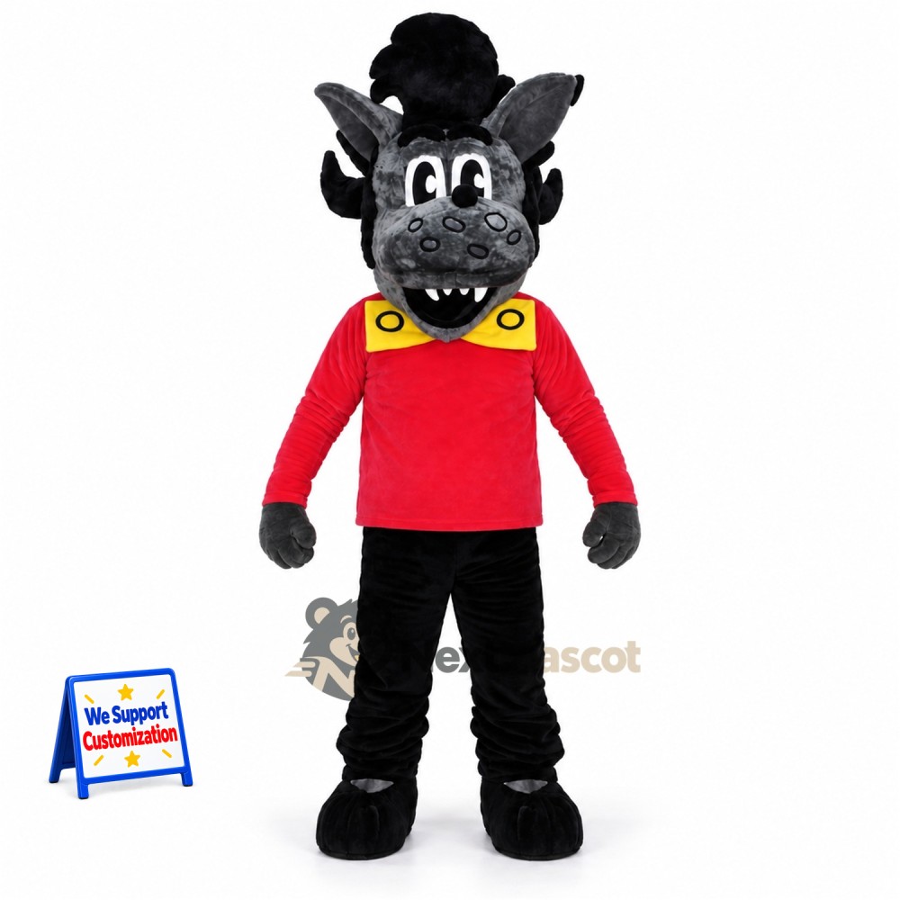 Wolf Mascot Costume - Black Fur and Red Shirt Wolf Mascot Costume - Black Fur and Red Shirt