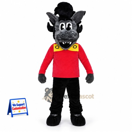 Wolf Mascot Costume - Black Fur and Red Shirt Wolf Mascot Costume - Black Fur and Red Shirt