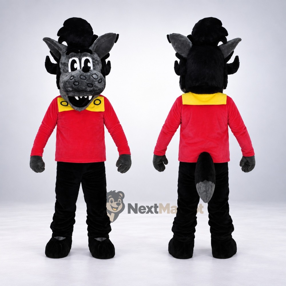 Wolf Mascot Costume - Black Fur and Red Shirt Wolf Mascot Costume - Black Fur and Red Shirt