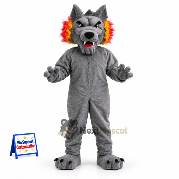 Wolf Mascot Costume - Gray, Flame-Colored Ears and Tail for Parades