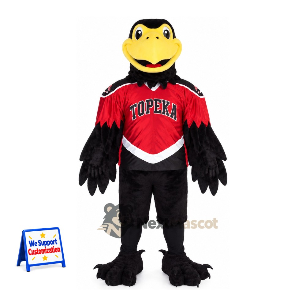 Raven Mascot Costume - Black, Red Jersey