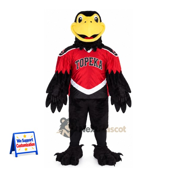 Raven Mascot Costume - Black, Red Jersey